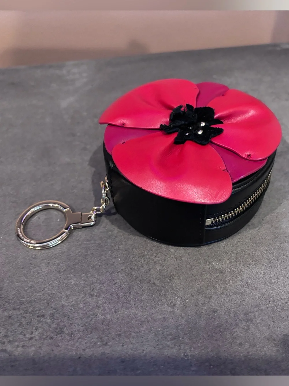 Kate Spade Red Poppy Zip Up Coin Case Leather Flower Coin Purse Key Holder